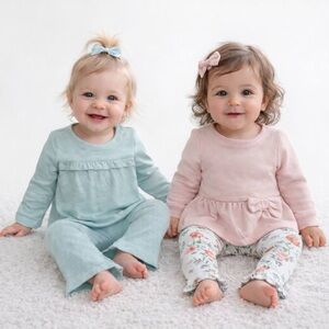 Haute Hippie Baby Girl 4Pc Outfit Set Floral Top Pants Pink Blue 12M New